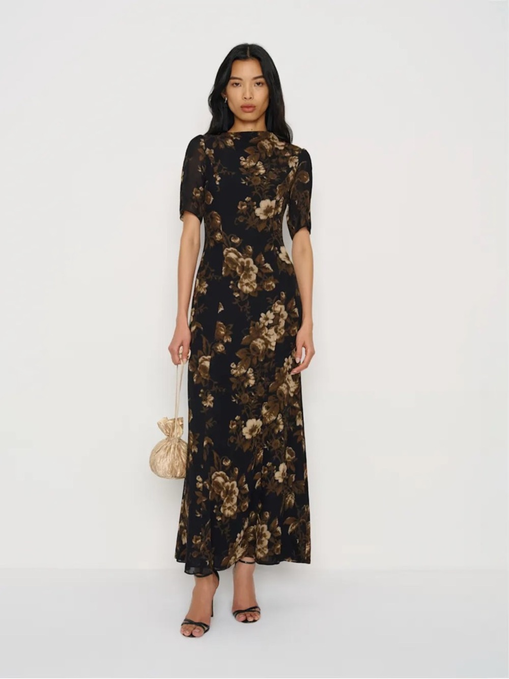 Reformation Black Floral Midi Dress with Brown Blooms